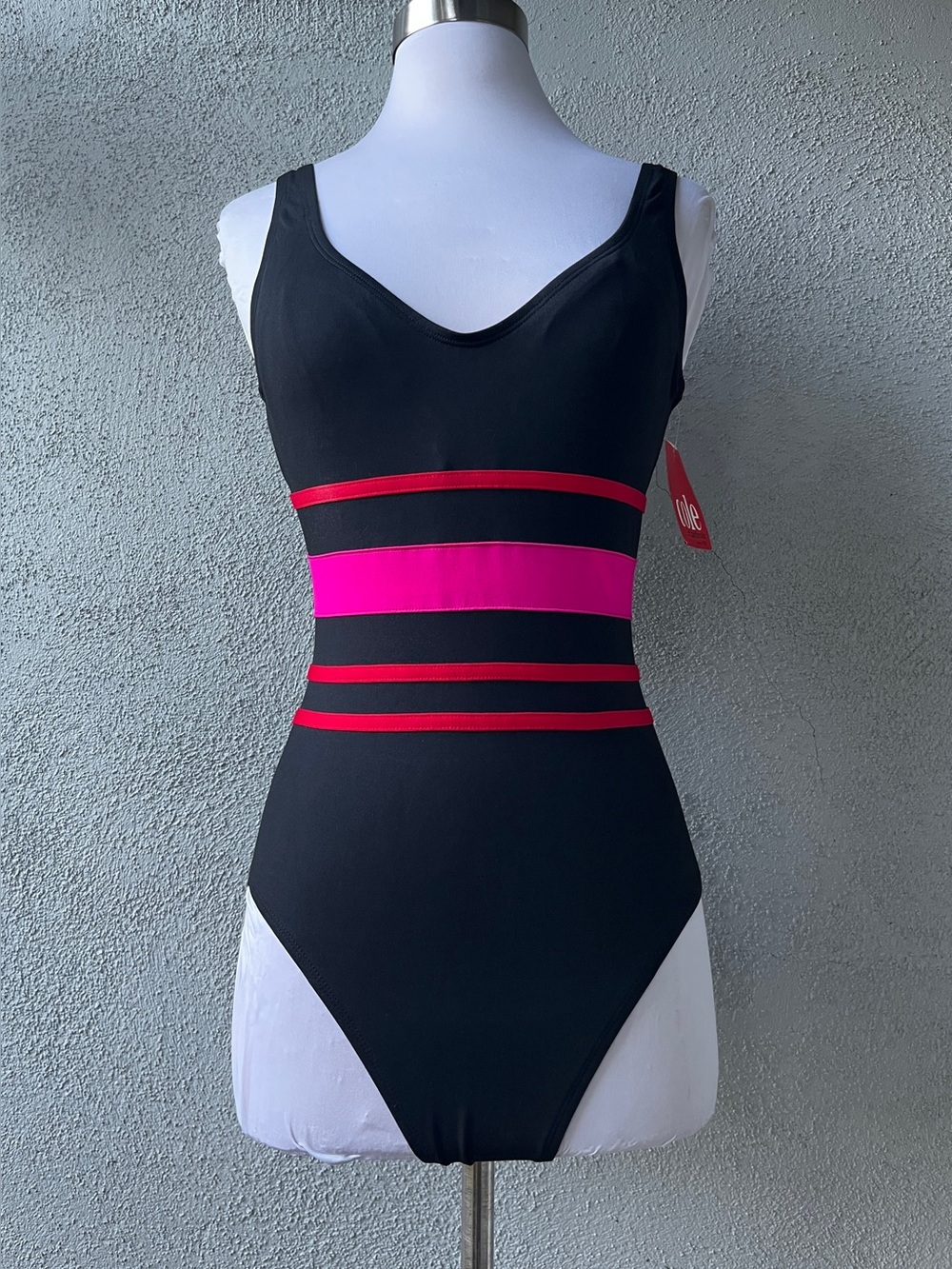 NOS Vintage 90s Cole of California Black Colorblock One-Piece Swimsuit Sz 4